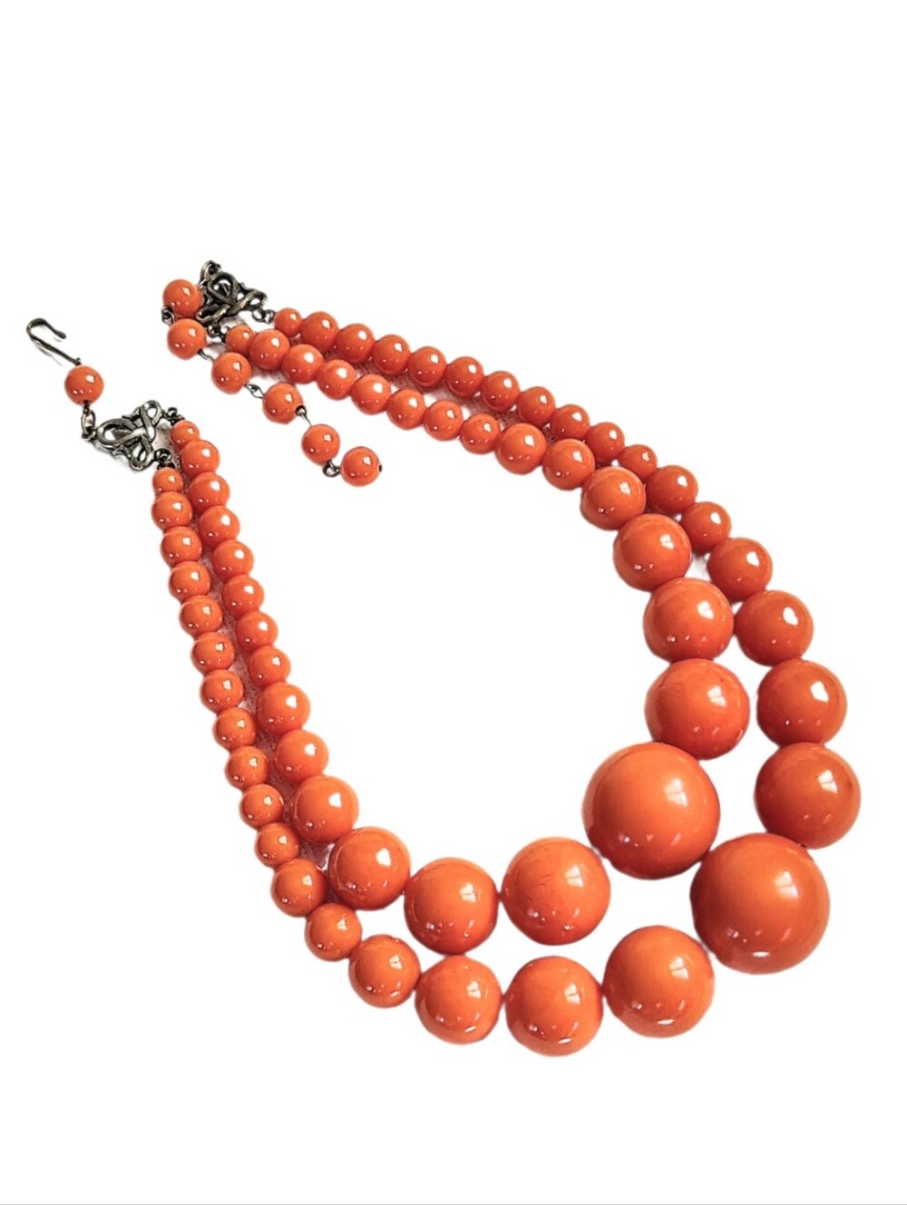 🆕 Vintage 2 Strand Chucky Coral Orange Graduating Bead Choker Necklace